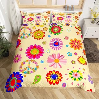 Kids Colorful Flowers Cute Duvet Cover Twin Hippie Peace Symbol Bedding Set For Girls Kawaii Room Decor Groovy Floral Power Comforter Cover Cartoon Garden Botanical Ladybug Quilt Cover 1 Pillow Case
