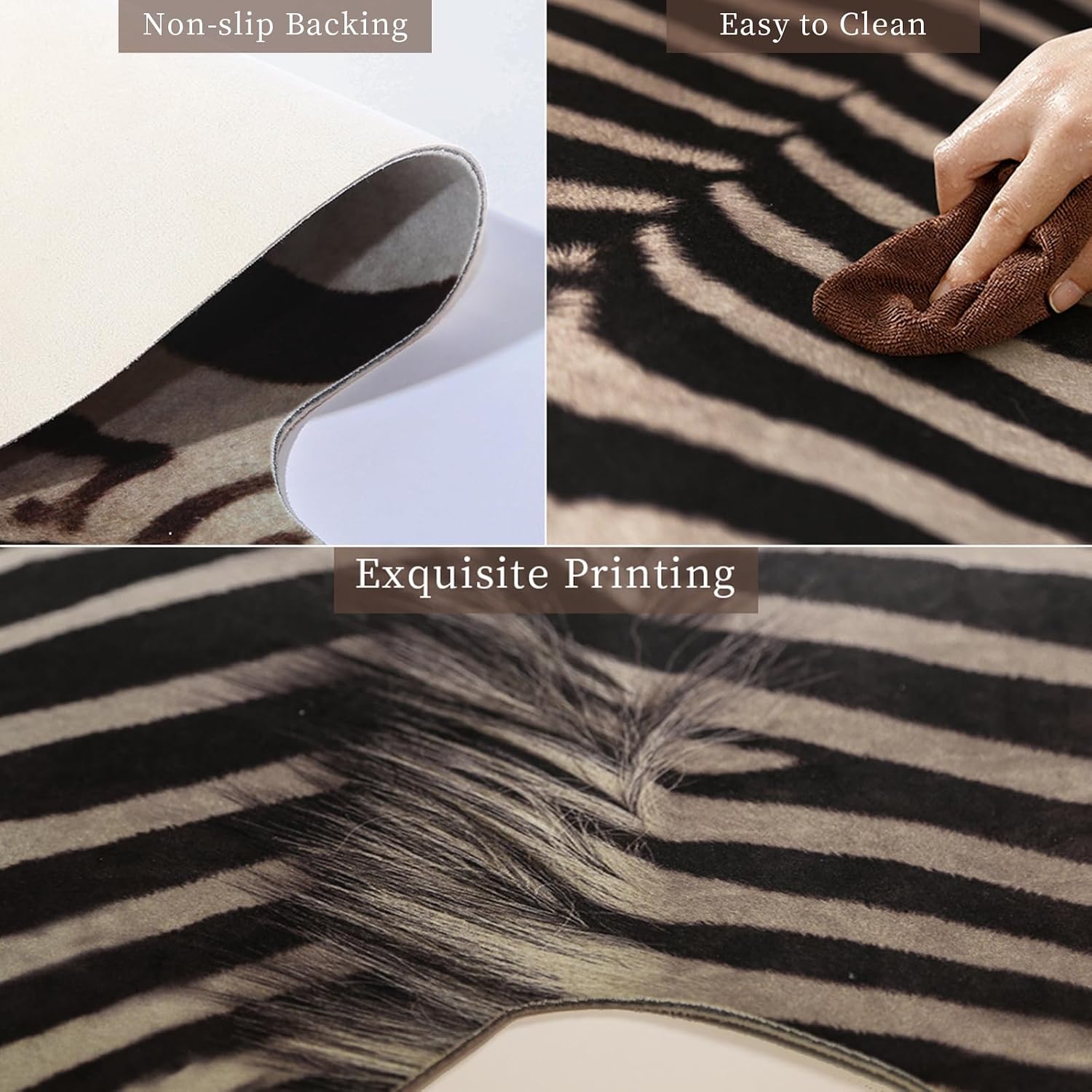 Large Zebra Rug 7.6x6.2 ft Beige and Brown Area Rugs Faux Cowhide Rugs for Bedroom Living Room Dining Room Low Pile Animal Rug Non-Slip-No Fur