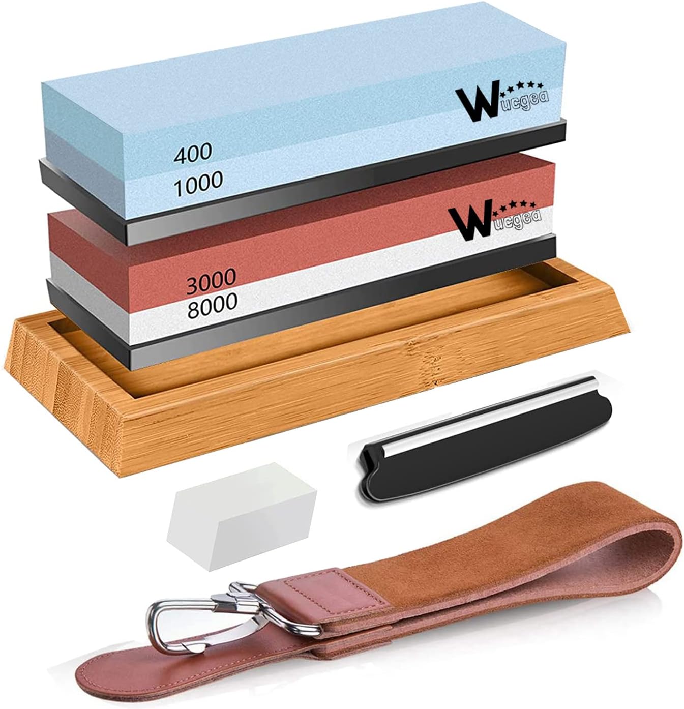 Knife Sharpening Stone Kit - 400/1000 3000/8000 Grit Japanese Whetstone Sharpener Set with Non-Slip Rubber Base Angle Guide Flattening Stone and Leather Strop