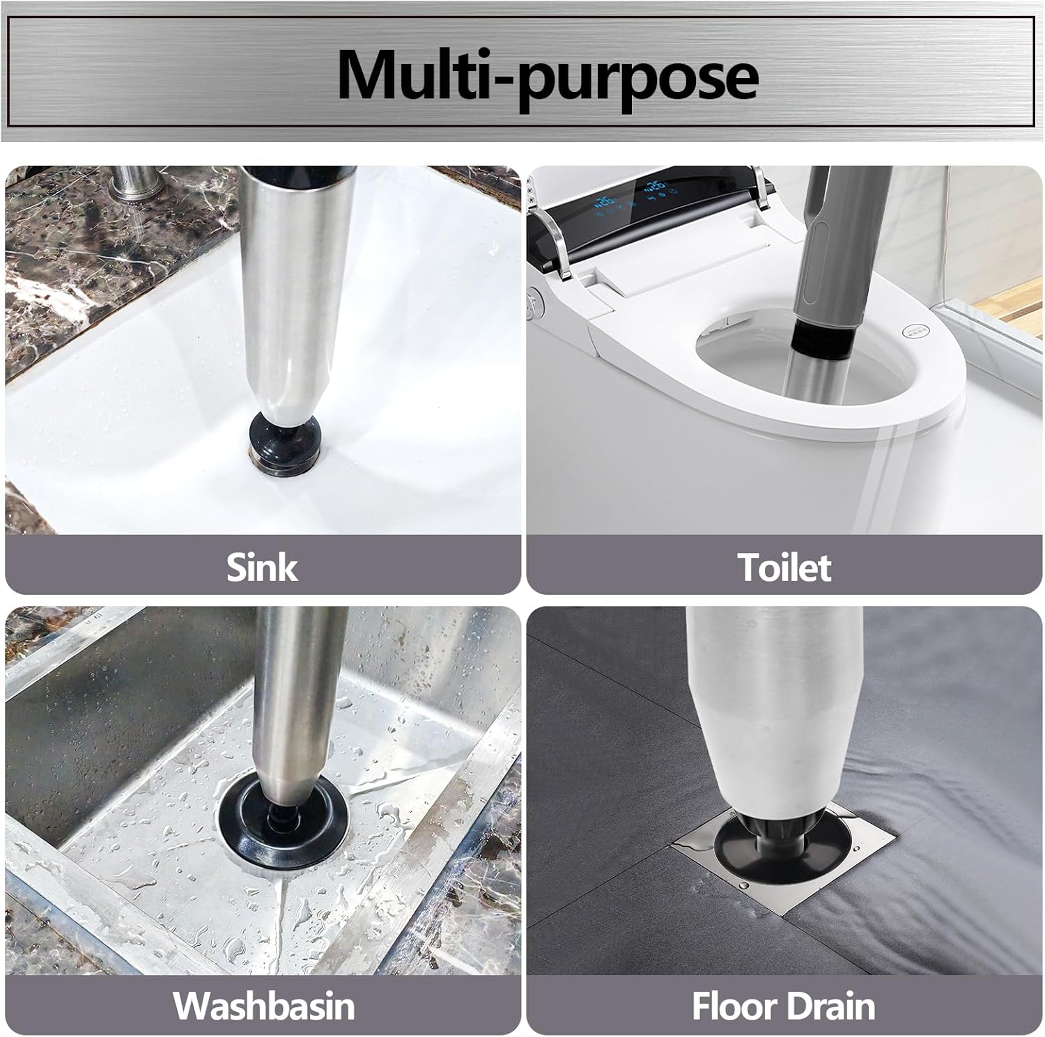 STQ06 High Pressure Toilet Plunger, Multi-Purpose Household Heavy Duty Toilet Auger with 6 Heads, 8 Bar Plungers for Bathrooms, Floors, Showers and More, Grey.