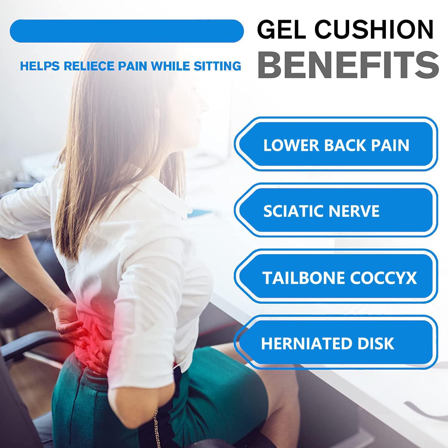 Gel Seat Cushion for Long Sitting, Breathable Honeycomb Design, Pressure Relief for Back, Sciatica, Tailbone Pain - Office Chair Cushion, Wheelchair Cushion, Car Seat Cushion, Chair Pad