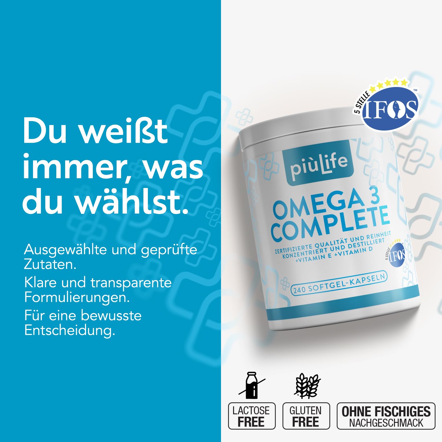 Omega 3 IFOS 5 Sterne Zertifiziert PiùLife mit Vitamin D3 & E – 480 Softgel | Fischöl EPA DHA 800 mg & 400 mg pro Tagesdosis, Omega 3 Kapseln hochdosiert für Herz, Gehirn, Augen, Knochen