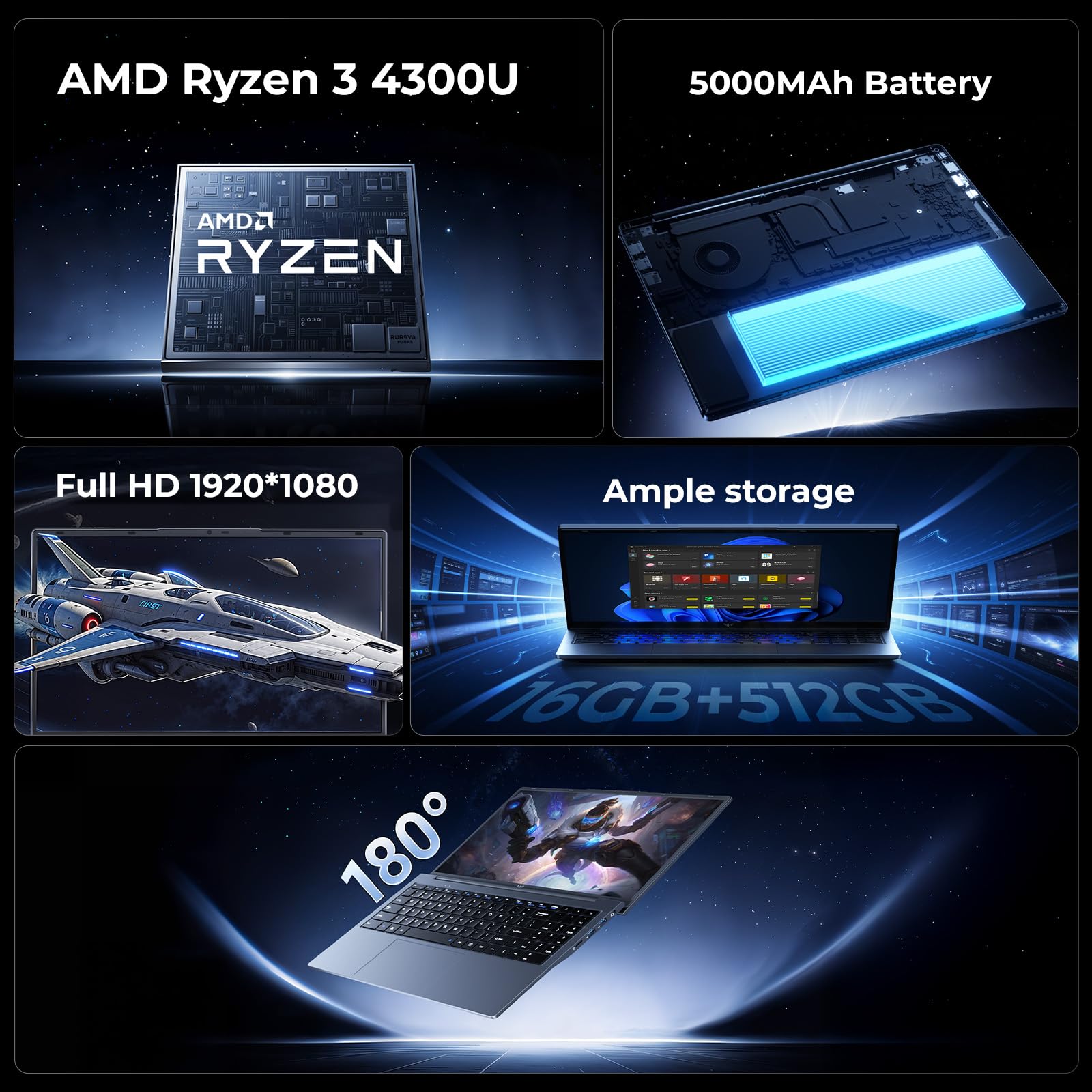 2026 15.6 Inch Laptop with Ryzen 4300U up to 3.7GHz (Defeat N100/N150), 16GB RAM DDR4*2 + 512GB SSD M.2 with 11 Pro Pre-installed, FHD, BT5.2, USB3.2, Type-C, 54.7Wh Battery for Laptop - 4