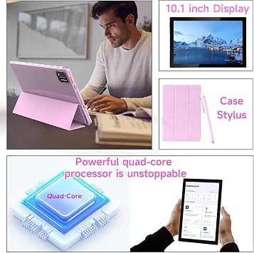 NOVOJOY Tablet 10 Inch Android Tablets with Case and Stylus Android 15 Tablet with Cover 2MP+8MP Dual Camera 6000mAh Battery 12GB RAM(4GB+8GB Expansion) 64GB ROM 5Gwifi-6 10.1 Tablets (Pink)