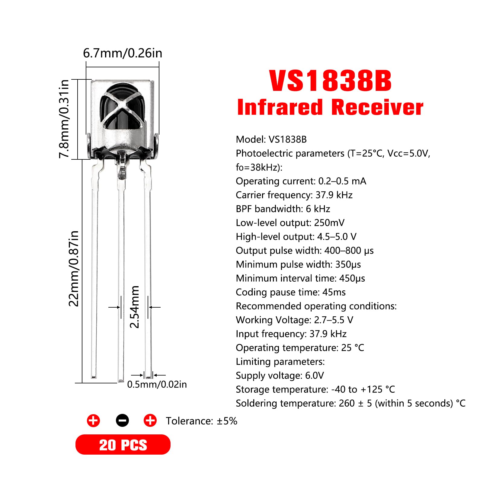 YIXISI 20 Pezzi VS1838B Ricevitore a Infrarossi, Moduli Ricevitore IR a Infrarossi