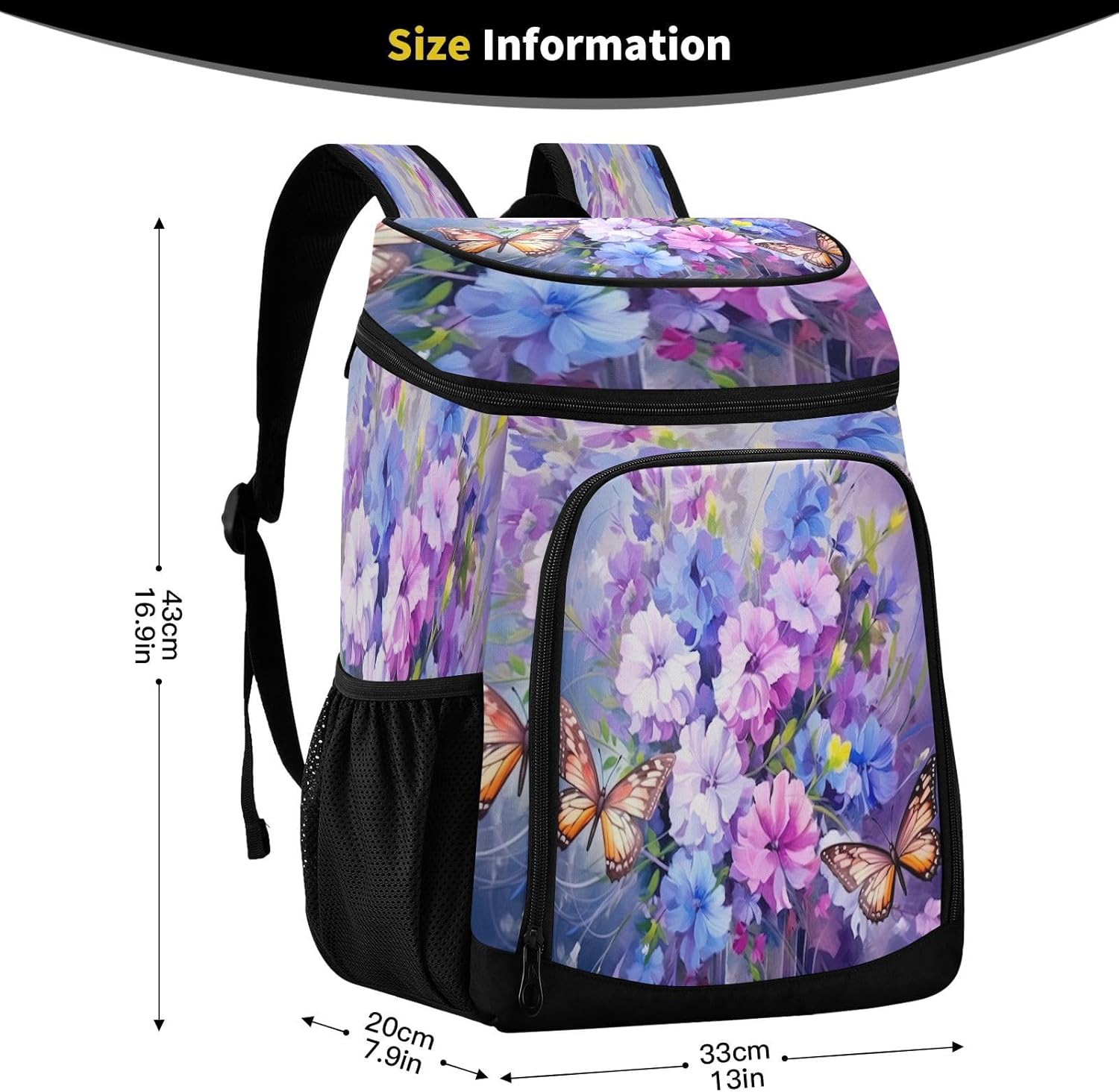 Flowers with Butterflies Cooler Backpack 36 Cans Leakproof Waterproof Backpack Cooler Bag Beach Accessories Travel Camping Fishing Backpack for Women Men