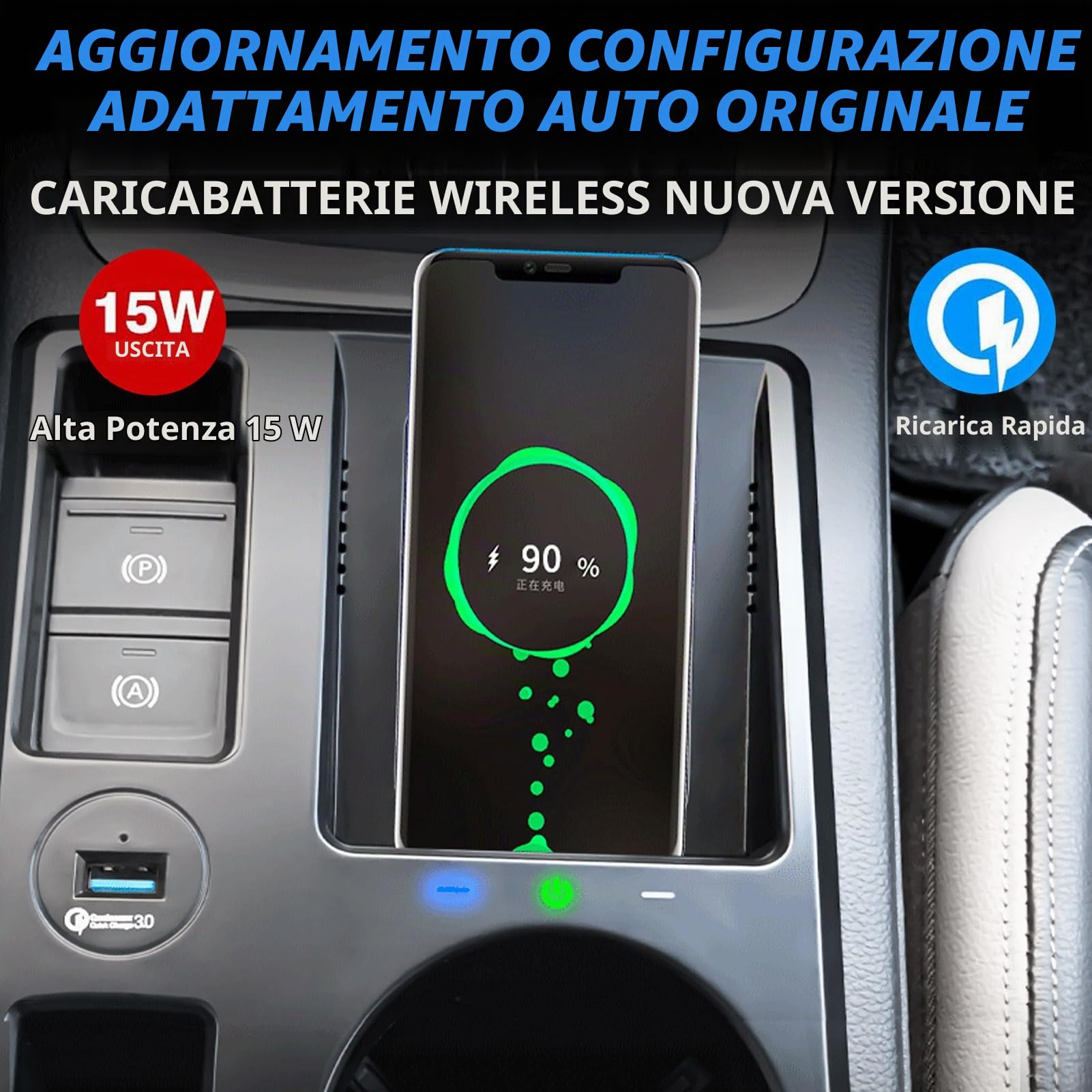 2024 Nuova Versione Caricatore Wireless per Auto per Audi Q3/Q3L Sportback 2020-2024 Tutti i Modelli, 15W Ricarica Rapida con Porta USB 27W Caricatore Wireless per Telefono Qi, Nero