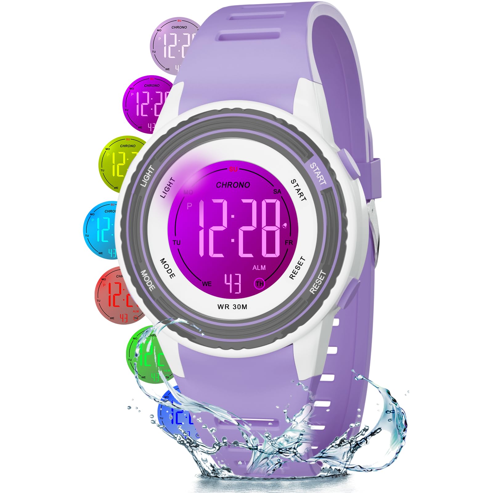 Kids Waterproof Watch 7 Color Light Alarm