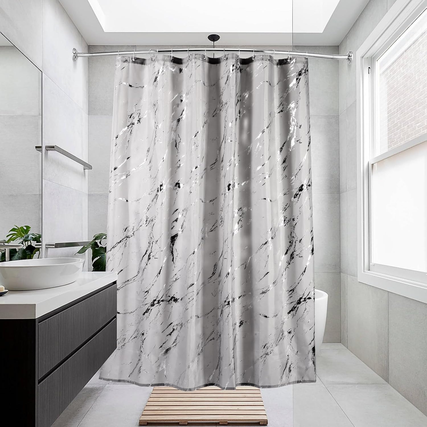 Adjustable Chrome Curved Shower Curtain Rod, 42-72 Inches Shower Curtain Rod for Bathroom and Bathtub, Extra Space Rustproof Expandable Stainless Steel Shower Rod Wall Mounted, Need to Drill