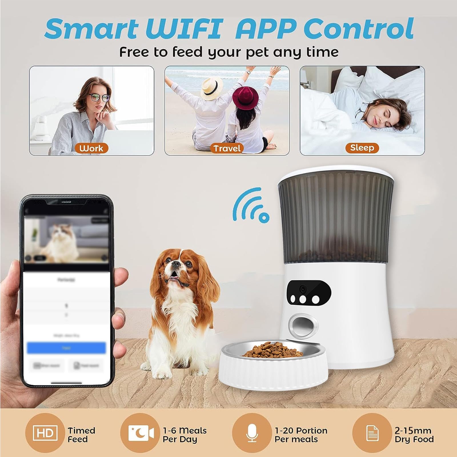 Comedero Gato Automatico WiFi, 6L 2.4G WLAN,con App Control, Full 1080p HD Cámara y Visión Nocturna Dispensador Comida Perros, Comedero Automatico Perros