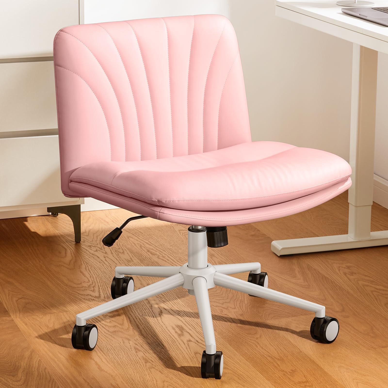 Marsail Armless-Office Desk Chair with Wheels: PU Leather Cross Legged Wide Chair,Comfortable Adjustable Swivel Computer Task Chairs for Home,Office,Make Up,Small Space,Bed Room, Pink