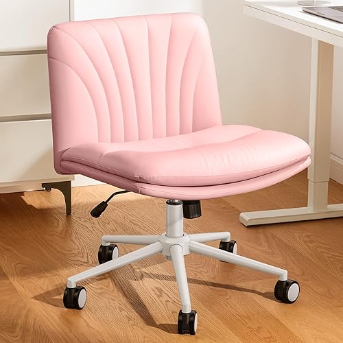 Marsail Silla de escritorio de oficina sin brazos con ruedas silla ancha de piel sintética con patas cruzadas, cómodas sillas giratorias ajustables
