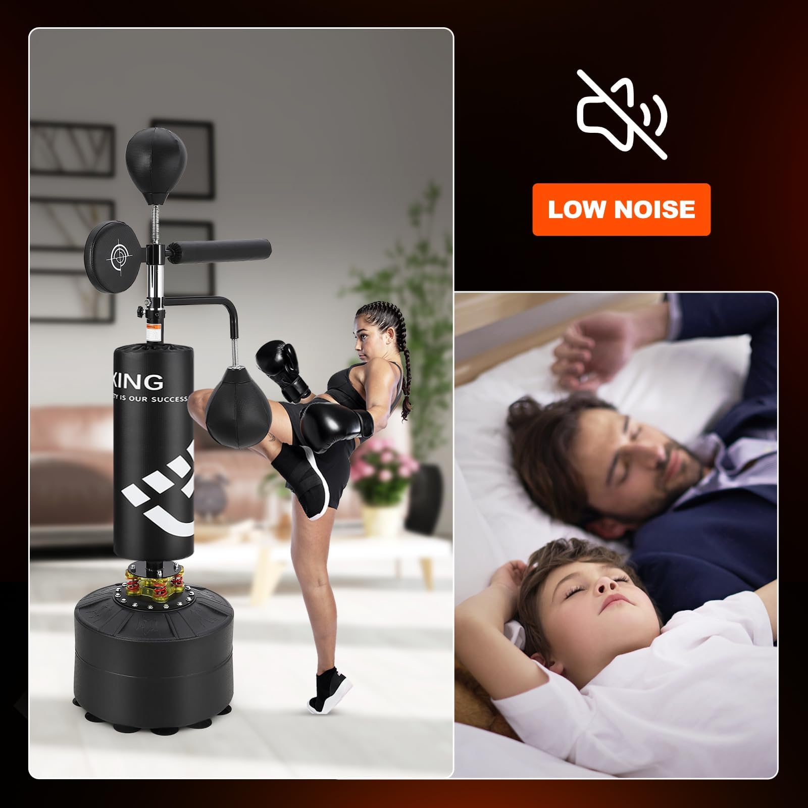 Sac de Frappe Adulte 5 en 1 Sac de Frappe Support sur Pied 2 Balles de Vitesse Cible et Barre Rotative à 360° Hauteur Réglable 160-230 cm Sac de Frappe sur Pied Réglable Entréeînement Kickboxing Boxe