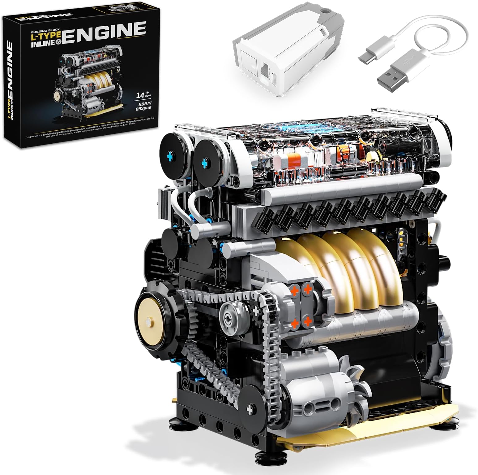 L4 Engine Building Kit for Adults, MOC Inline 4-Cylinder Mini Engine Scale Model with USB Charging Motor, Compatible with Lego Sets for Boys 8-14, DIY STEM Toy for Kids & Teens (853 PCS)