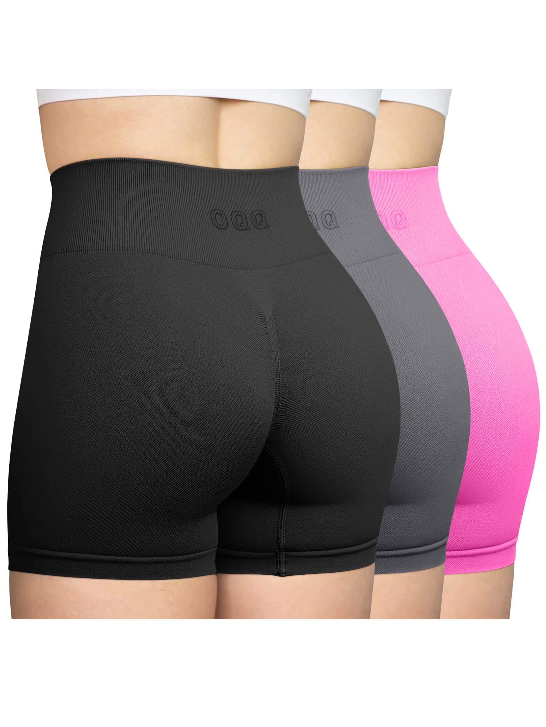 OQQ Women's 3 Piece Workout Seamless High Waist Butt Liftings Exercise Athletic Shorts, Black Grey Rose, Small