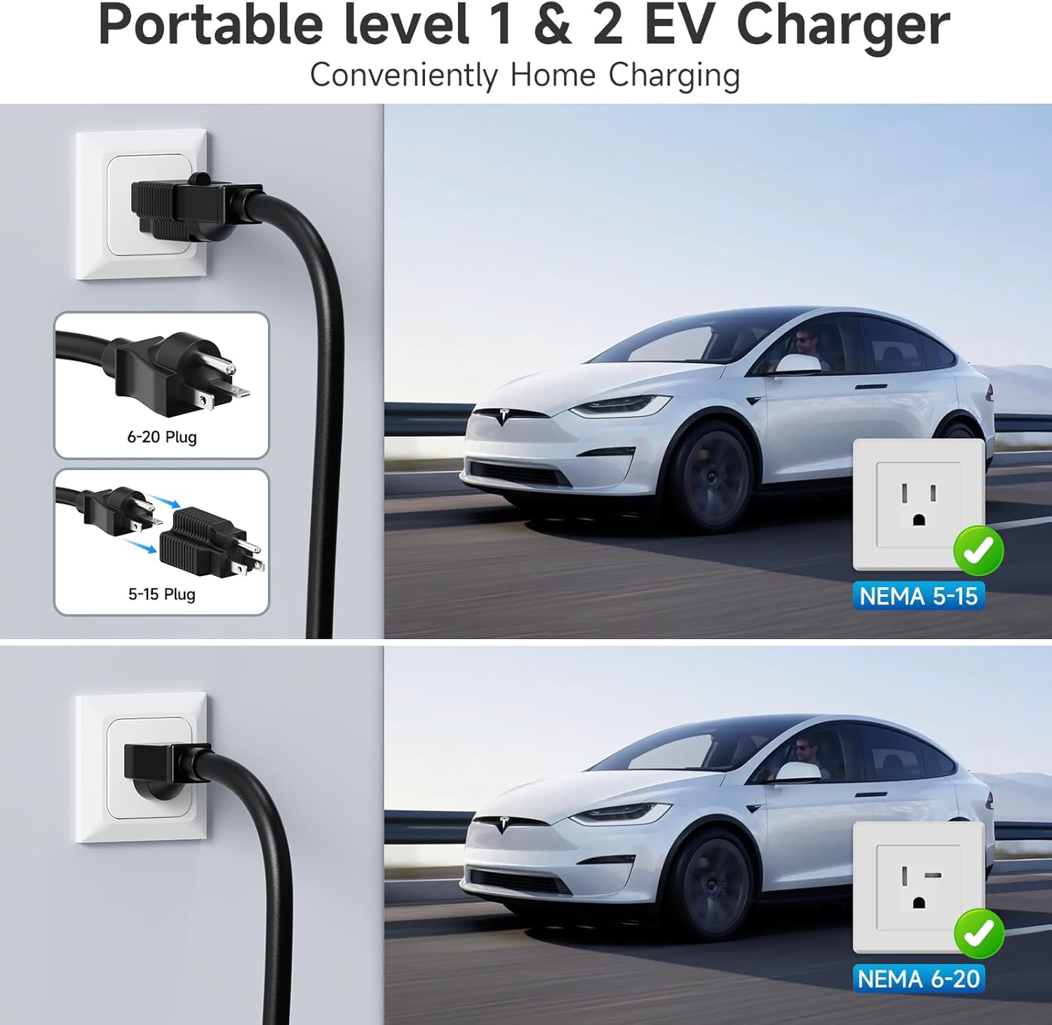 AFYEEV Tesla Charger connecting to NEMA 5-15 and NEMA 6-20 outlets