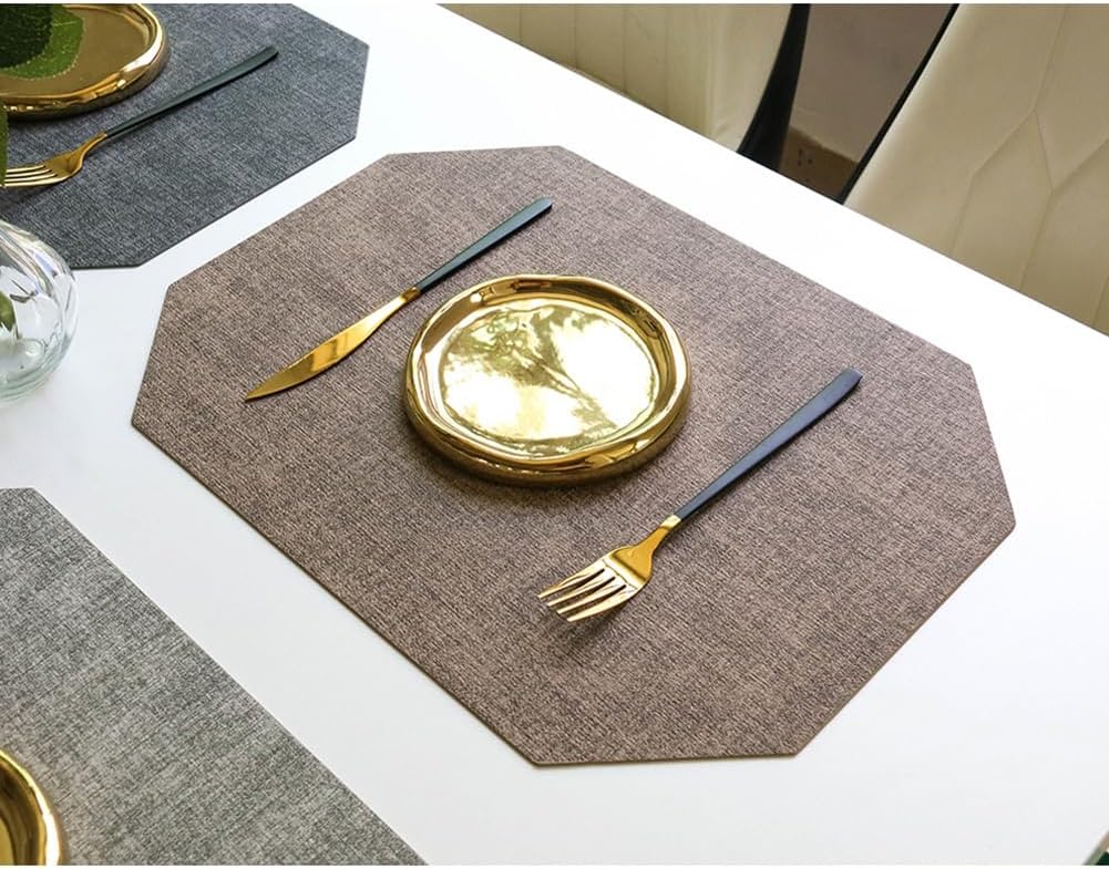 Nordic Style Octagonal Placemats|Waterproof Wipeable Coffee Tea Mat|Easy to Clean Place Mats for Kitchen Dining|43x30cm(16.9x11.8in),Brown,8PCS