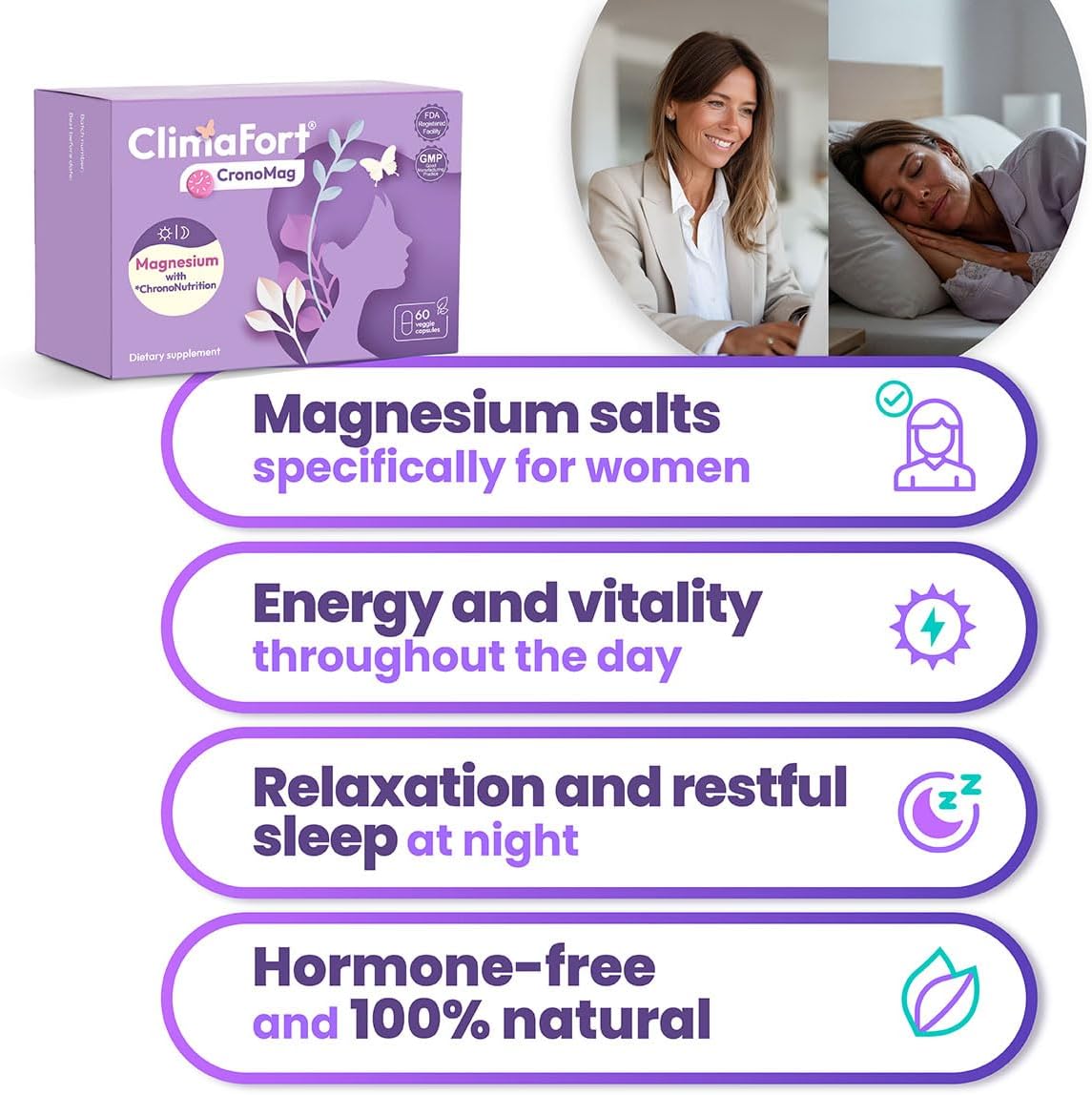ClimaFort CronoMag | Magnesium for Women in Menopause | 5 Salts Bisglycinate + Glycerophosphate | B12 | Energy Supplement | 1 Month Supply