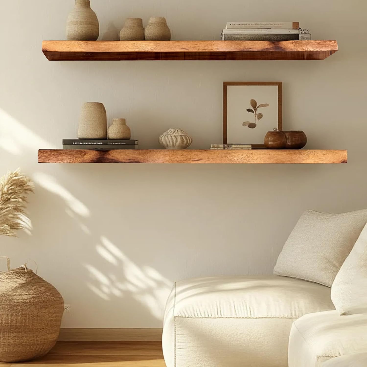 Solid Wood Live Edge Floating Wall Shelf 42" x 8" x 1.4" Rustic Wooden Long Acacia Wall Shelf Bedroom Living Room Office Entryway Home Décor Handmade Plants Book Shelves 1 PC