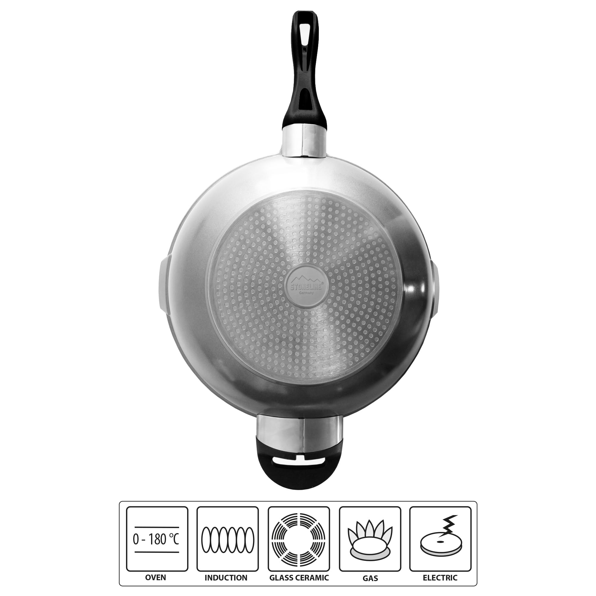 STONELINE Future Wok 32 cm, mit Sieb-Glasdeckel, mit austauschbaren Griffen, induktionsgeeignet, Aluguss, beschichtet mit echten Steinpartikeln, Grau, Wokpfanne mit Deckel