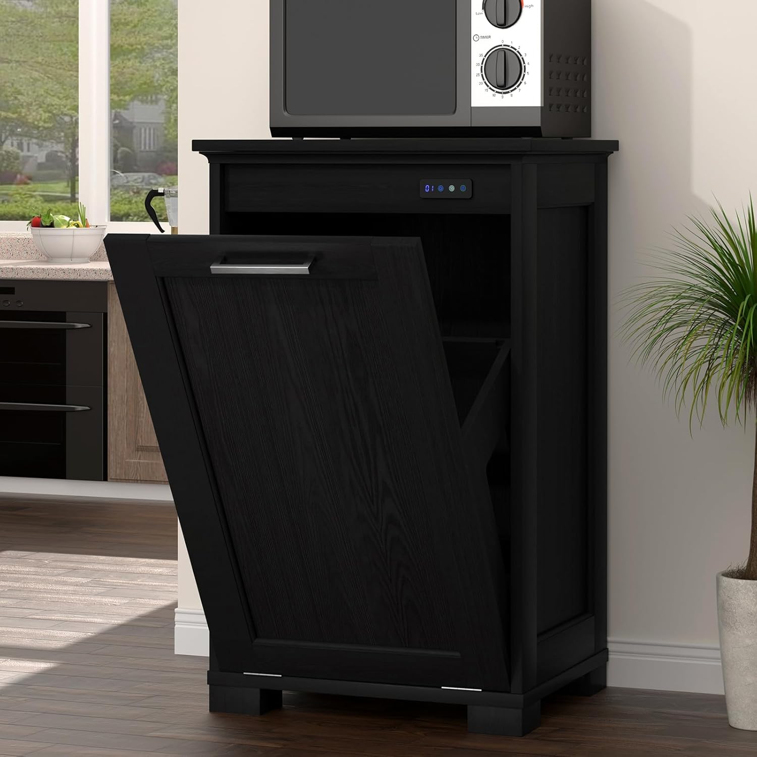 Tilt Out Trash Can Cabinet,Free Standing Hidden 10 Gallon Wooden Trash Cabinet,with Negative Ion and Deodorizing Function of The Kitchen Trash Can (Black, 1 * 10 Gallons)