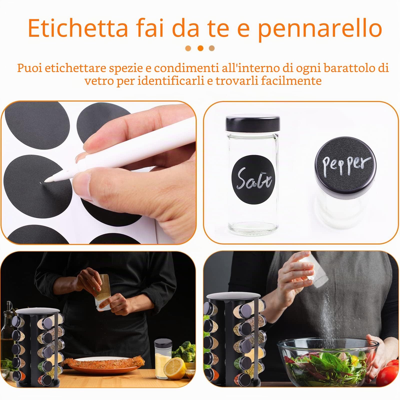 Carosello per Spezie a 360°, Portaspezie Girevole con 20 Barattoli, Etichette, Penna, Imbuto, Coperchio, Organizzatore di Spezie in Acciaio Inossidabile per Piano di Lavoro, Nero
