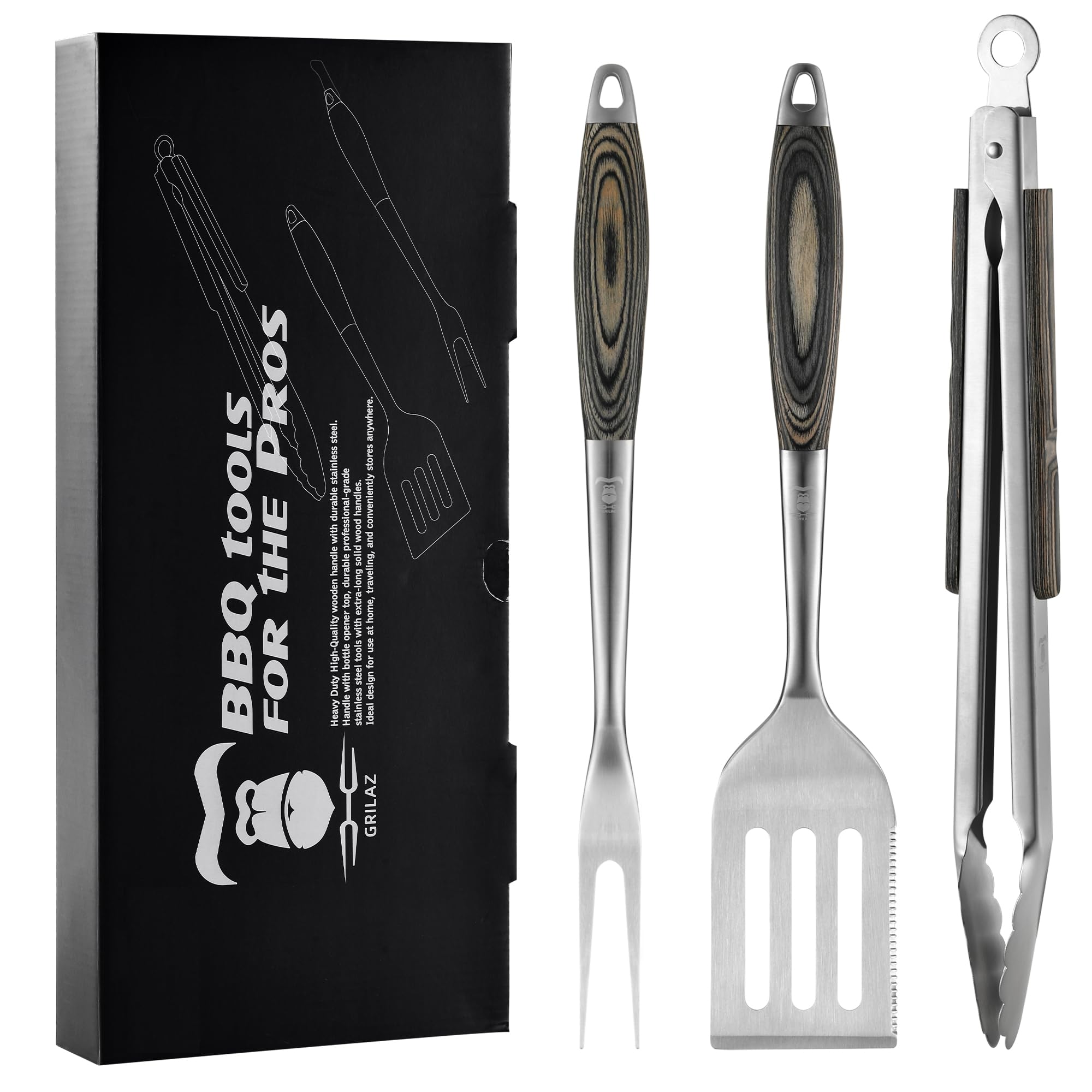 Stainless Steel BBQ Tool Set with Veined-Dyed Wooden Handles | Heavy Duty Grilling Accessories | 3-Piece Outdoor Barbecue Grill Utensil Set with Spatula, Fork, and Tongs - Ideal Gift for Men…