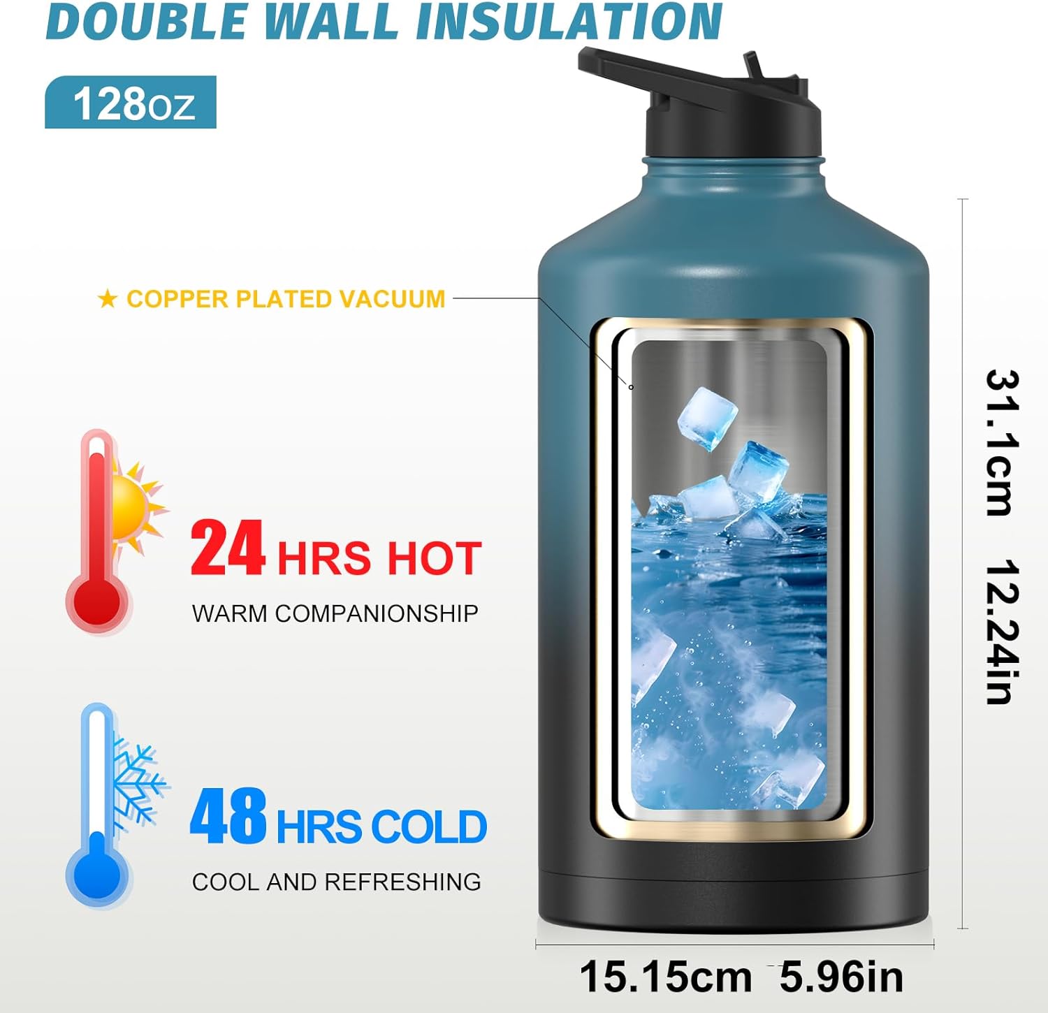 1 Gallon Water Bottle Insulated(Cold for 48 Hrs),BPA Free&Leak Proof,128oz Stainless Steel Water Jug,Large Water Bottle with Straw Spout Lids for Gym,Hiking,Camping&Travel,Black Blue - Image 3