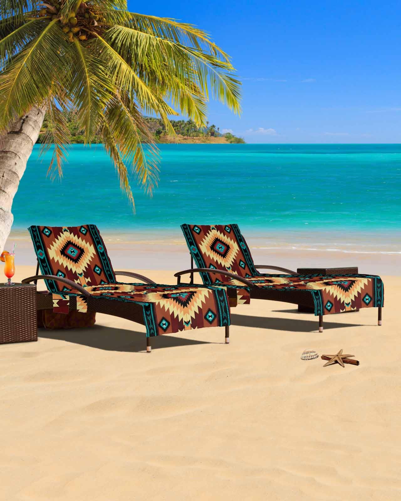 South West Red Beach Chair Cover with Side Pockets, Microfiber & Quick Dry Pool Chaise Lounge Chair Towels Covers for Sun Sunbathing Patio Garden Hotel, Native American Southwestern Abstract Oriental
