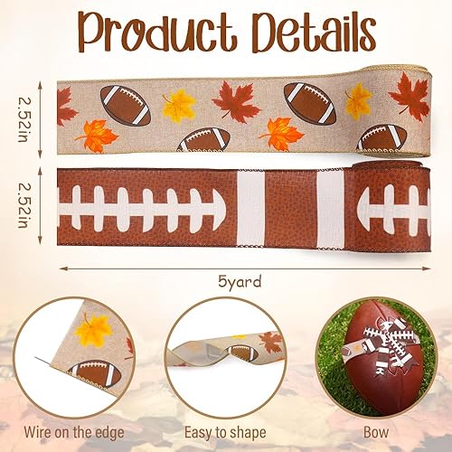 Miniatura 2 de ABTOLS 2 rollos de cintas de fútbol marrones de 10 yardas de 2.5 pulgadas, cinta de arpillera con borde de alambre, cinta de hojas de otoño para