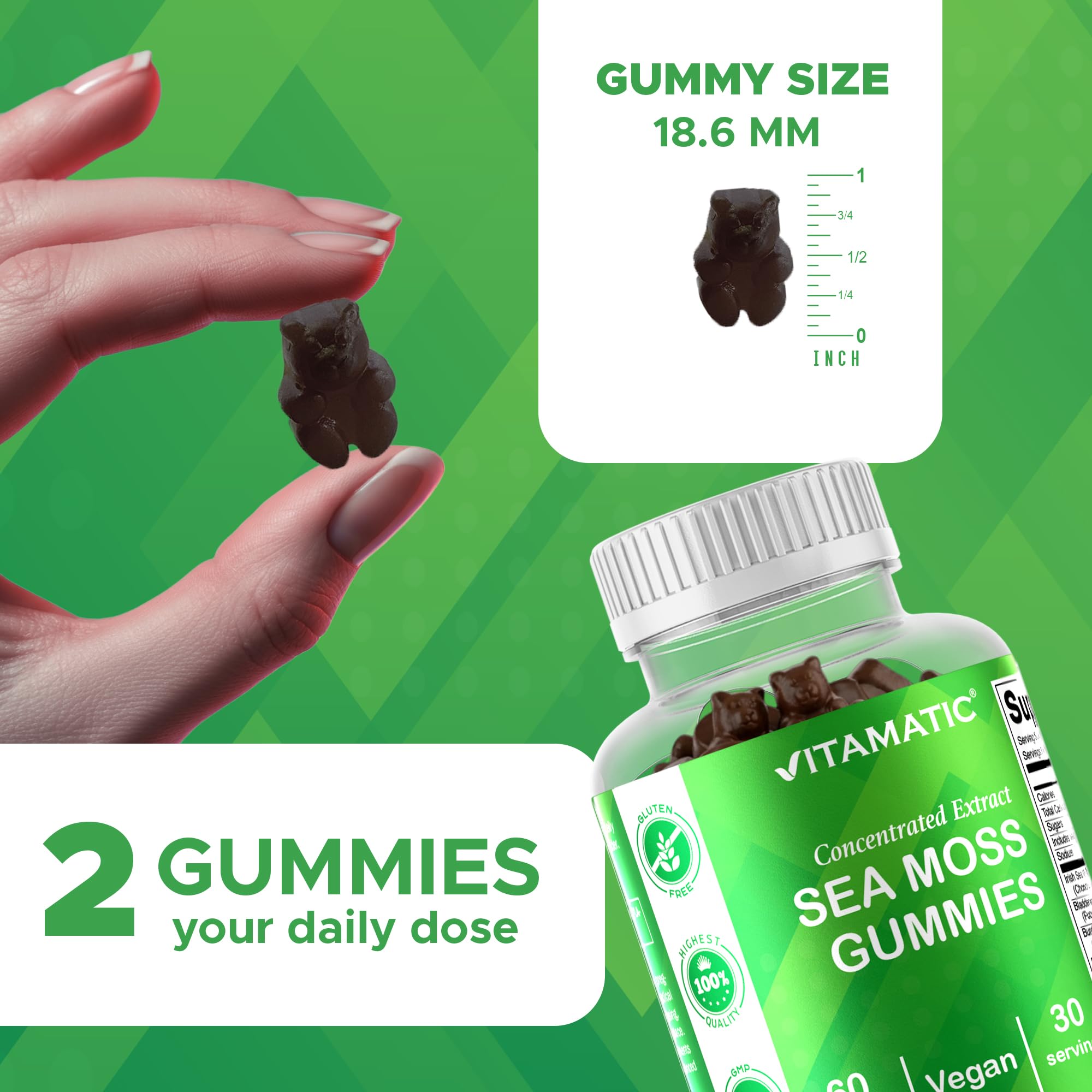 Vitamatic Irish Sea Moss Gummies with Bladderwrack & Burdock Root – Botanical Extract Supplement – Vegan, Non-GMO – 60 Count - 3 Pack — Amazon image 6