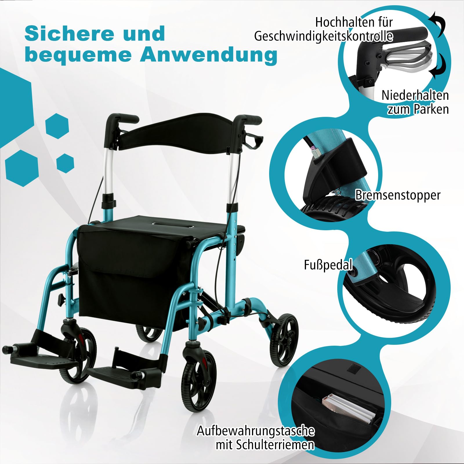 COSTWAY Rollator faltbar und leicht mit Sitz, 2 in 1 Rollstuhl & Reiserollator Leichtgewicht, Gehhilfe 6-fach höhenverstellbar, Gehwagen mit Tasche & Bremsen & Stockhalter, Aluminium (blau)