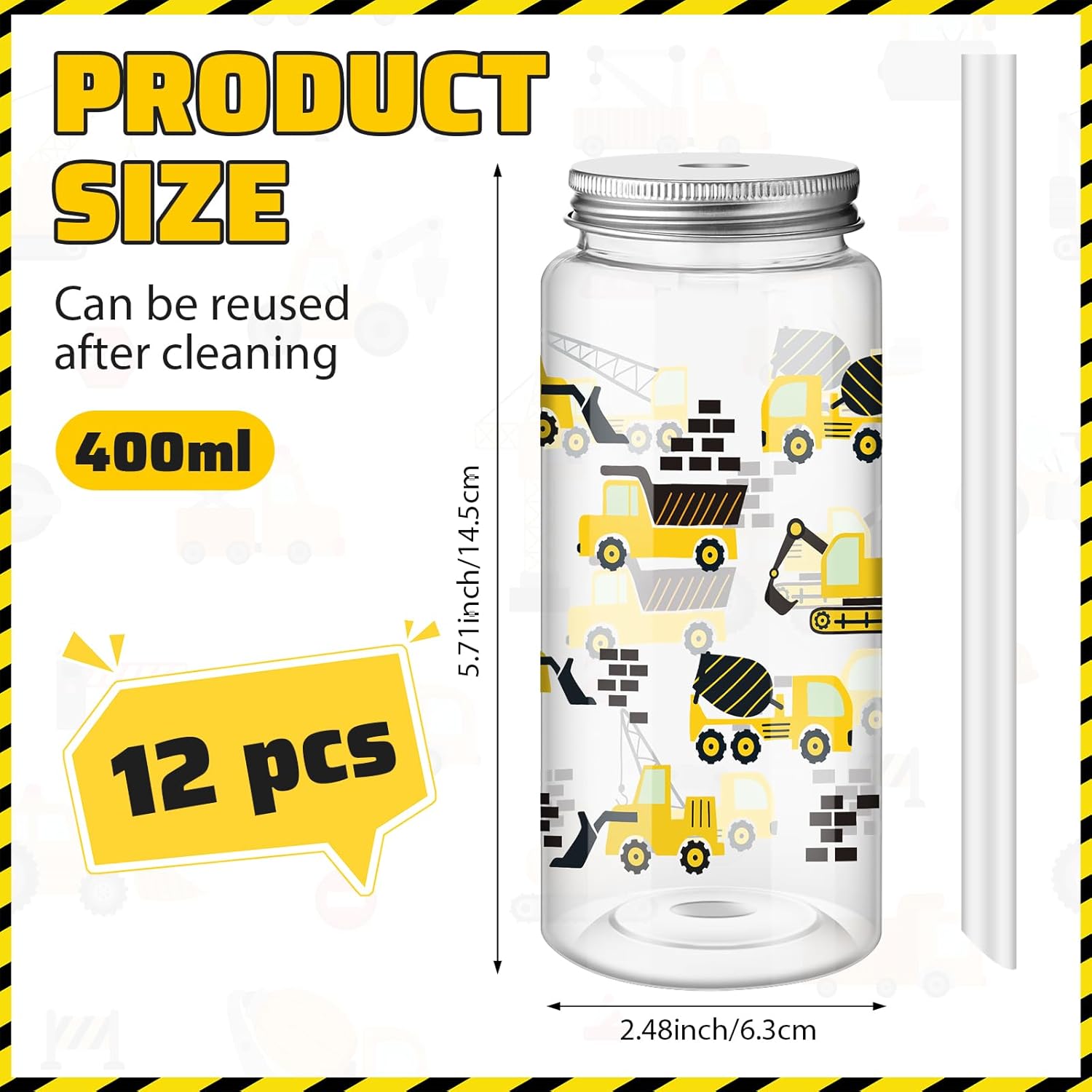 Skylety 12 Pcs Construction Plastic Cups for Party with Straw and Lid 13.5 oz Reusable Tumbler Cups Colorful Clear Drink Bottles Containers for Juices Beverage Birthday Party Supplies