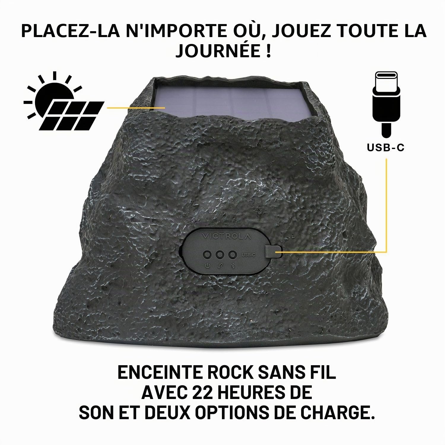 Victrola Rock Speaker Connect – Enceinte Extérieure sans Fil Bluetooth 5.3, Autonomie 22 Heures, Recharge Solaire, Connexion Jusqu’à 20 Enceintes, Résistance Eau et Poussière IP65 (Pierre)