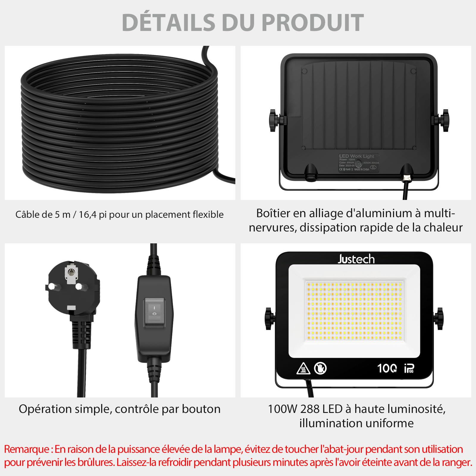 Justech Projecteur LED de Chantier 27000LM avec Trépied, Projecteur de Travail 3X100W 3 Températures de Couleur IP66 Lampe d'atelier pour Atelier, Garage, Chantier, Réparation Automobile