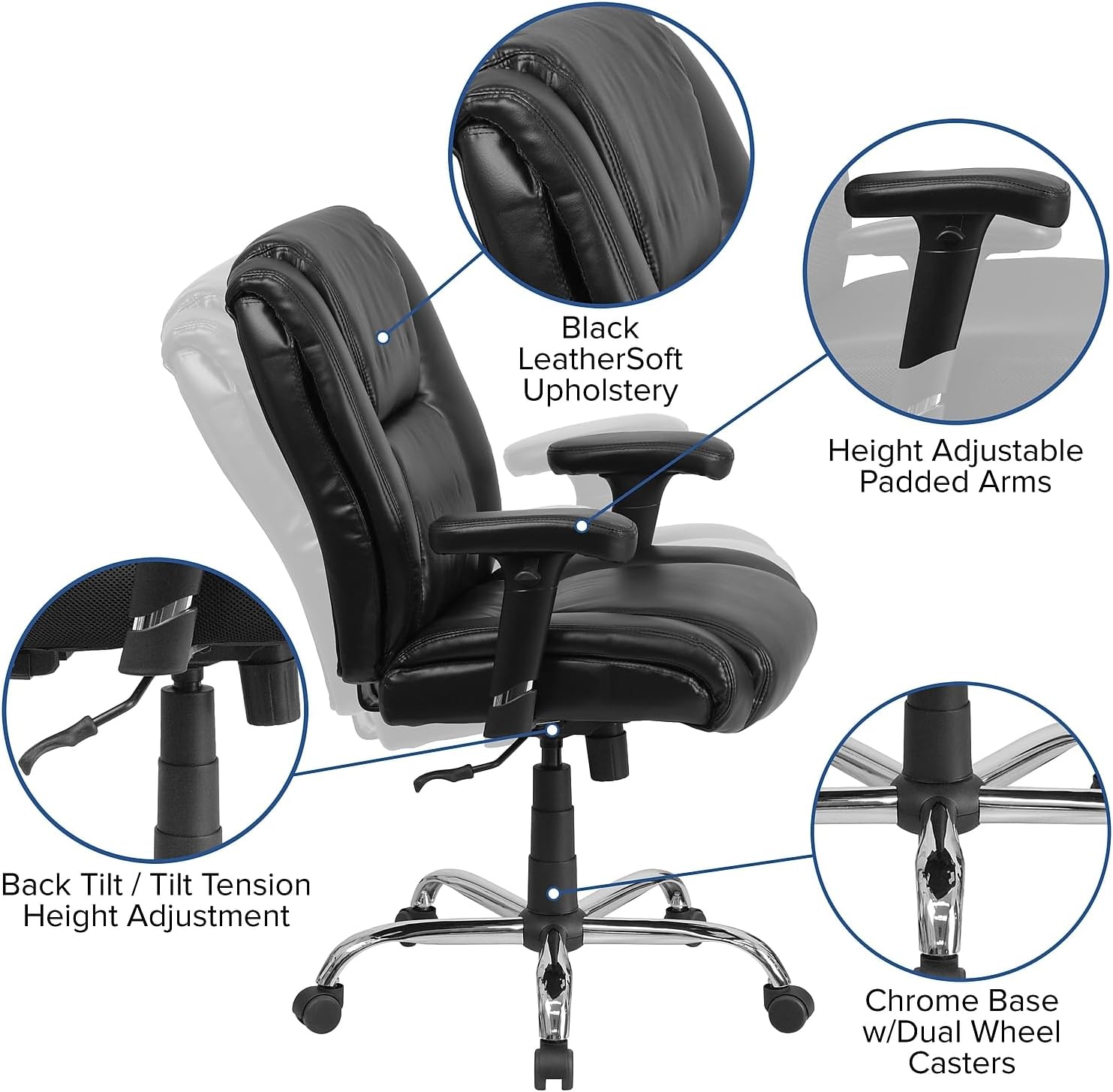 Flash Furniture HERCULES Series Big & Tall 400 lb. Rated Black LeatherSoft Ergonomic Task Office Chair with Chrome Base and Adjustable Arms