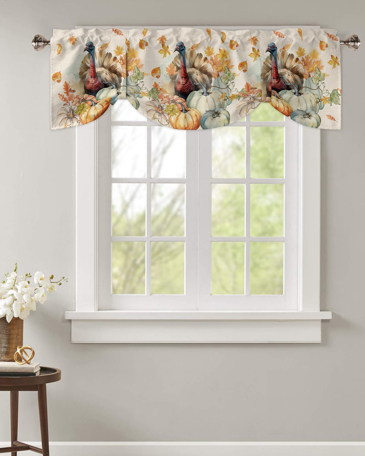 Thanksgiving Tie Up Valances Curtains for Windows/Kitchen/Bathroom/Bedroom, Fall Turkey Blue Orange Pumpkin Maple Eucalyptus Leaves Short Rod Pocket Tier Curtain Window Treatment, 1 Panel 54x18