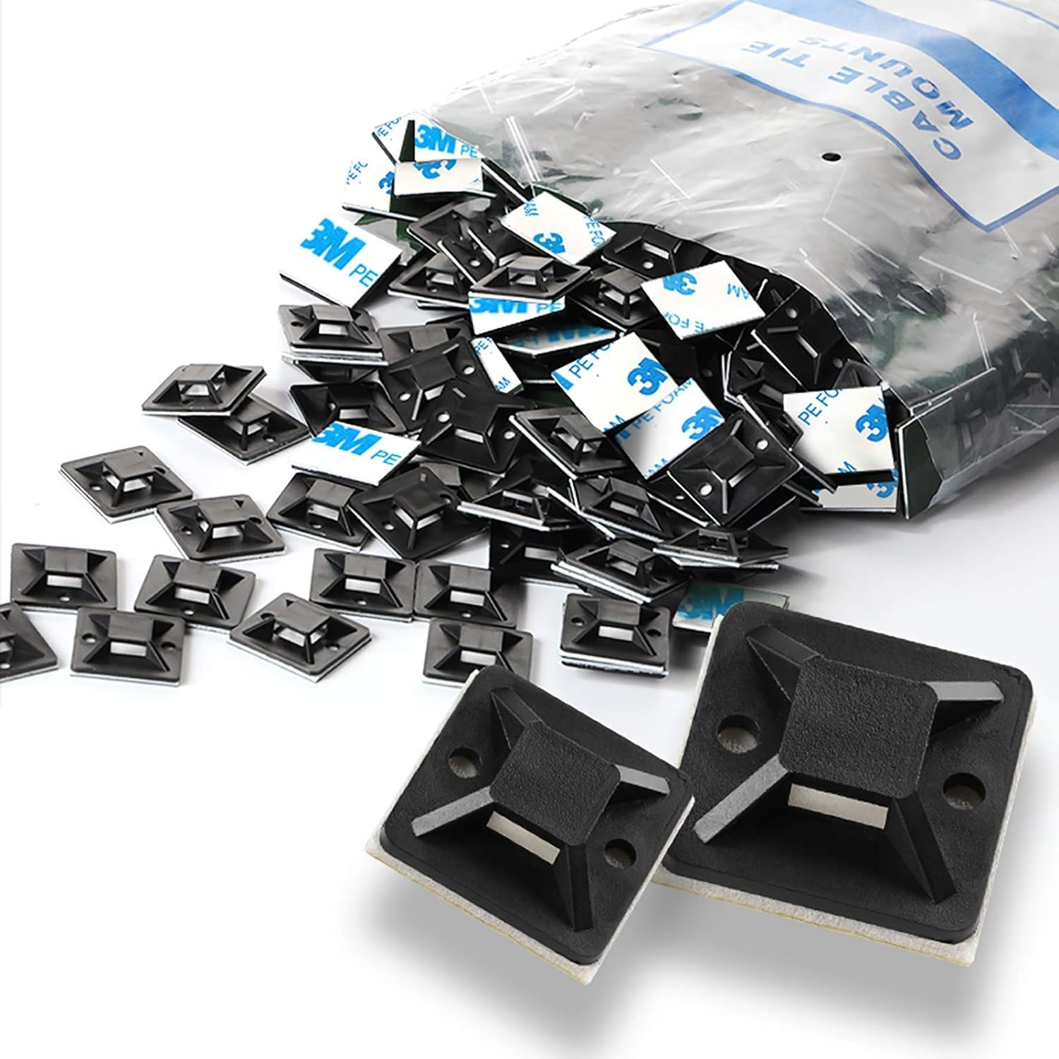 100 PCS Zip Tie Mounts, Self Adhesive Cable Tie Holders, 3M Strongly Adhesive-Backed, 3/4in White Wire Tie Base Holder with Screw Hole, 19.5mm x 19.5mm Squares, Cable Clips Management Anchors