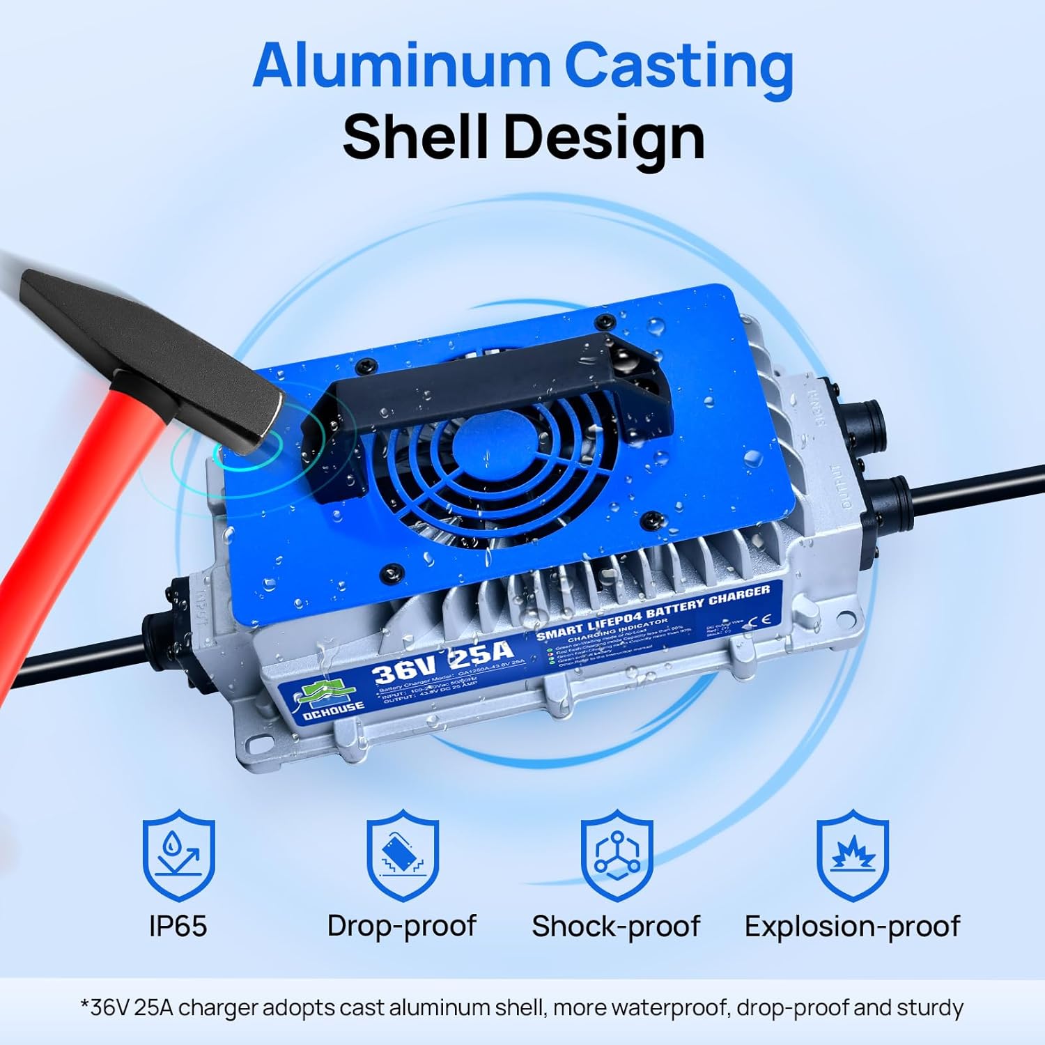 DC HOUSE 36V 25A Lithium Battery Charger with text 'Aluminum Casting Shell Design' and icons for IP65, Drop-proof, Shock-proof, and Explosion-proof.