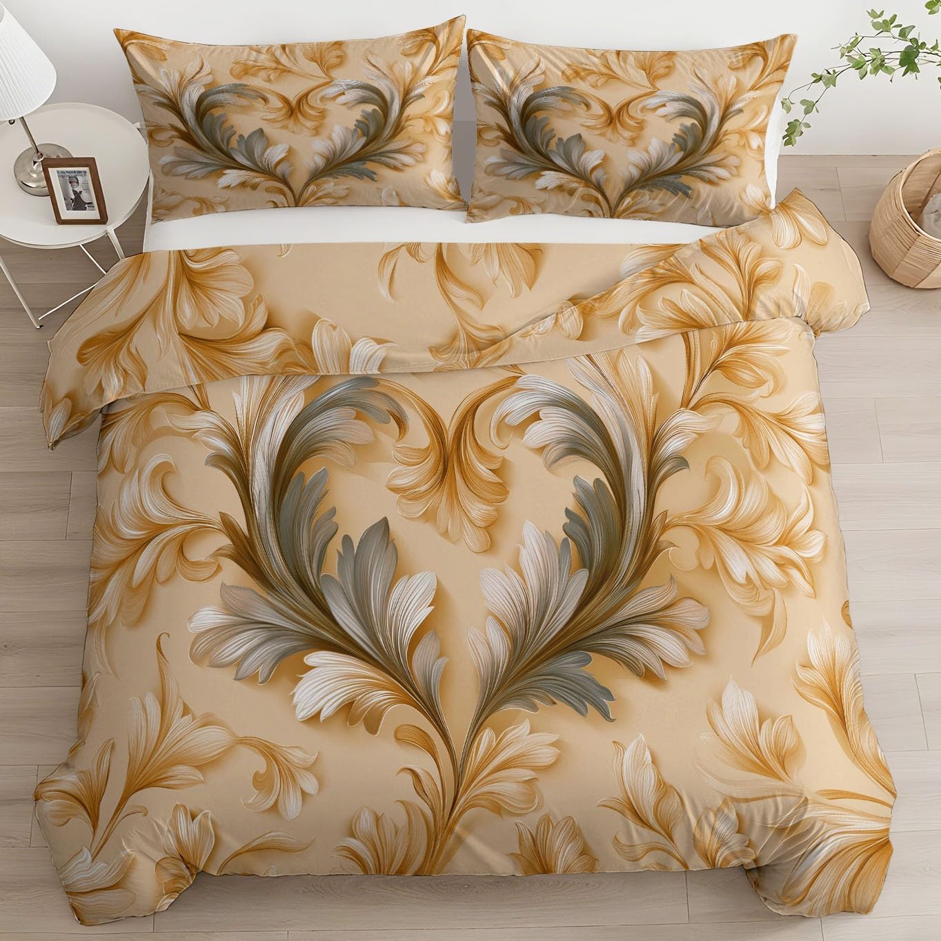 Housse de couette 200x200 beige monstera avec 2 taies en microfibre douce