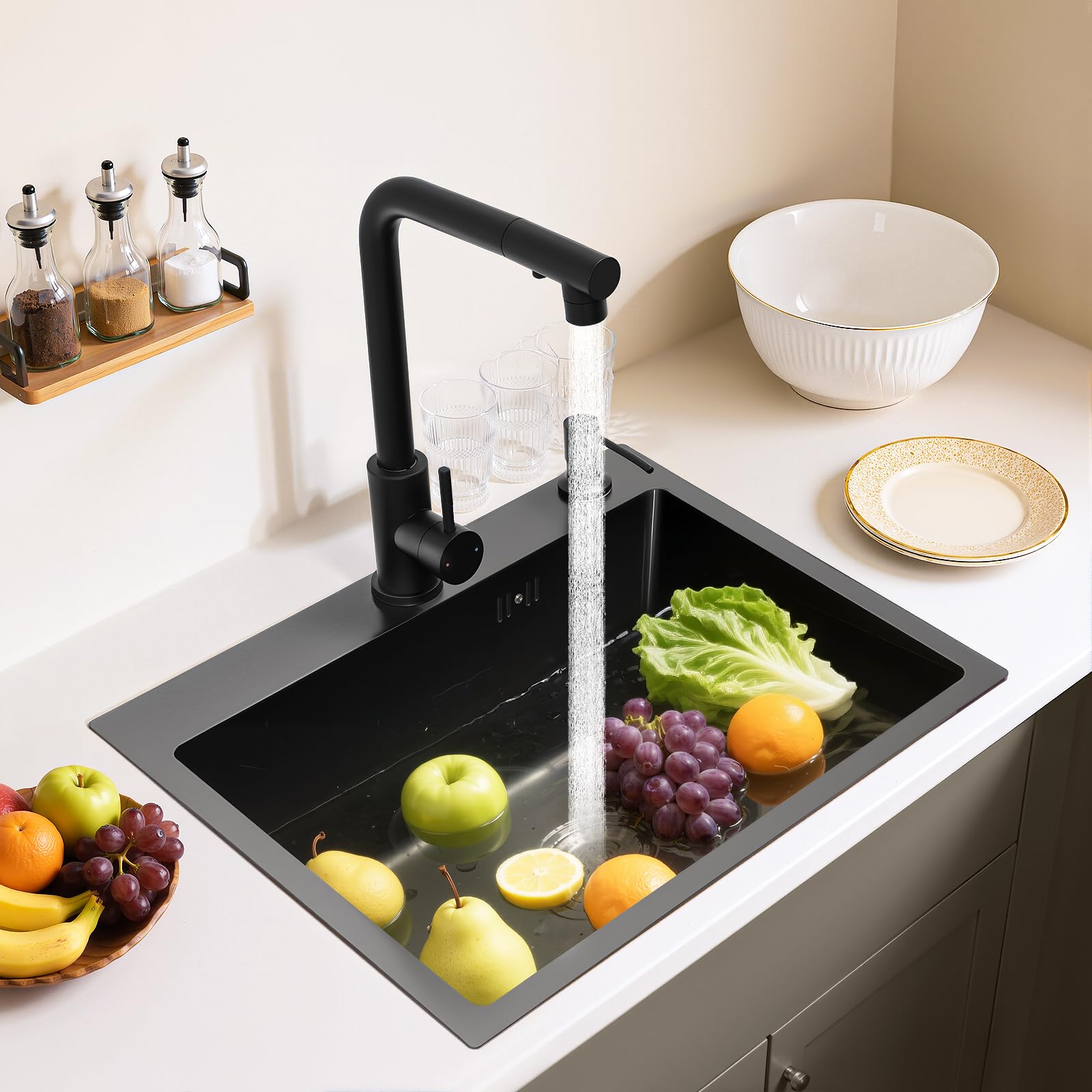 Fregadero empotrable, fregadero de cocina, fregadero de acero inoxidable negro con grifo extraíble, fregadero de cocina, 1 lavabo con escurridor y dispensador de jabón, fregadero de cocina 50 x