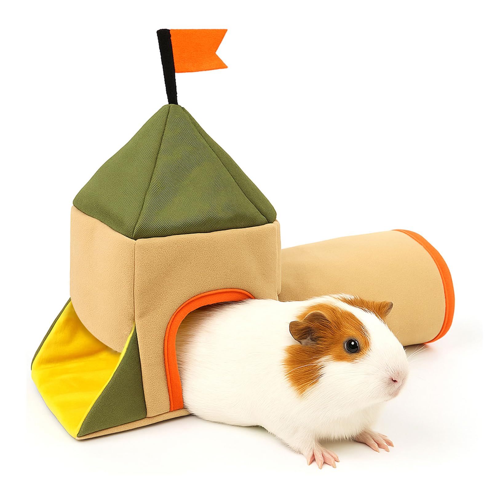 Colenumone Guinea Pig Hideout and Toys, Castle Theme Small Pet Tunnel and Bed with Flag for Bunny Rabbit Ferret Hamster Chinchilla Hedgehog Hiding and Resting, 17.3in Long(Khaki)