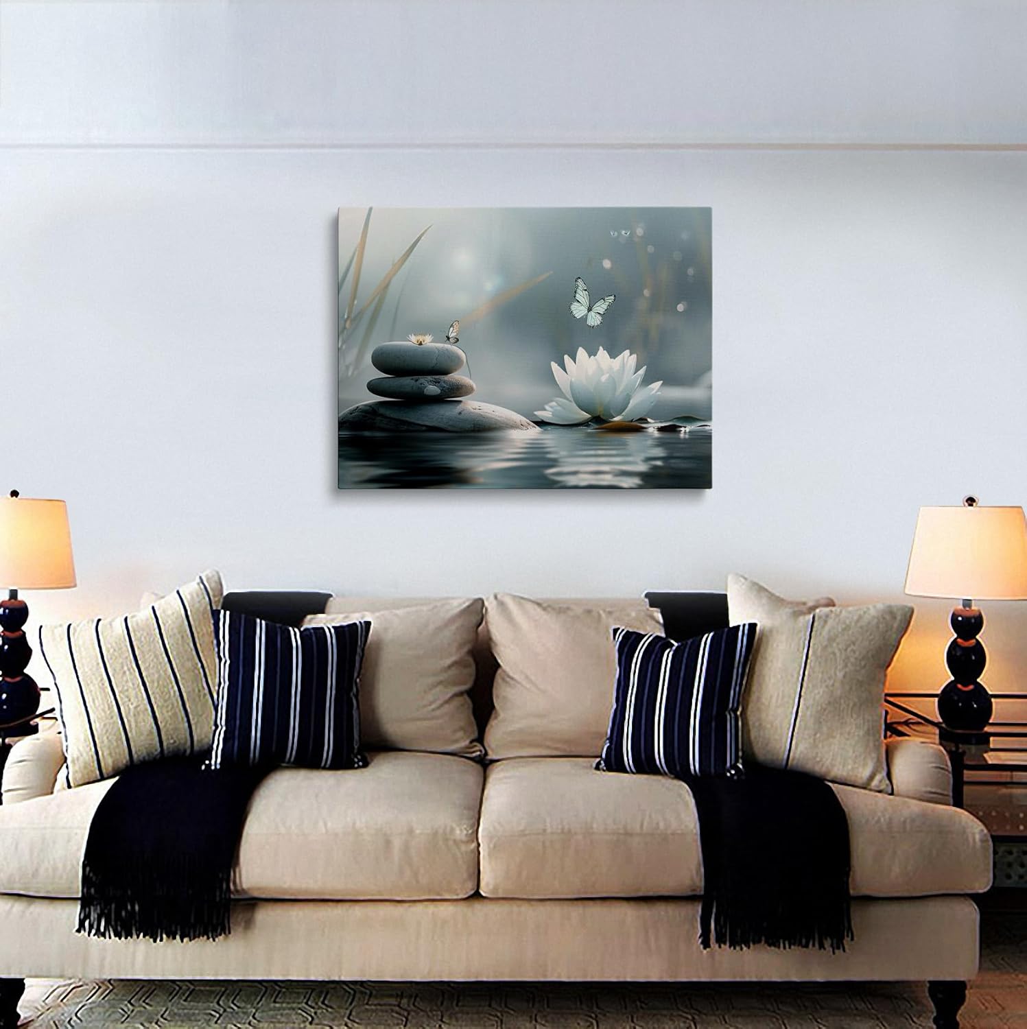 Zen Lotus Flower with Stones and Butterflies Canvas Wall Art Framed Serene Painting Prints Posters Artwork for Meditation Room Wall Decor Calming Spiritual Bathroom Art 12x16 Inches - Image 3