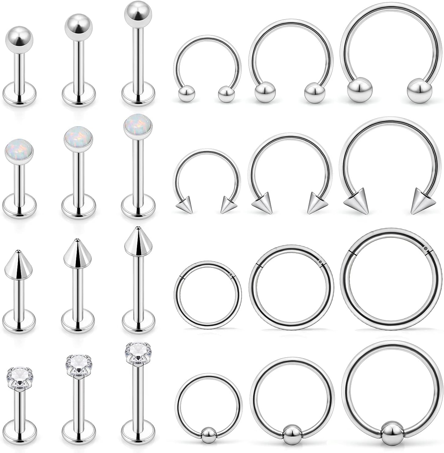 24Pcs Assorted Size 16G Lip Rings for Women Men Surgical Steel Medusa Piercing Jewelry Labret Studs CZ Diamond Opal Daith Tragus Forward Helix Earrings Septum Rings