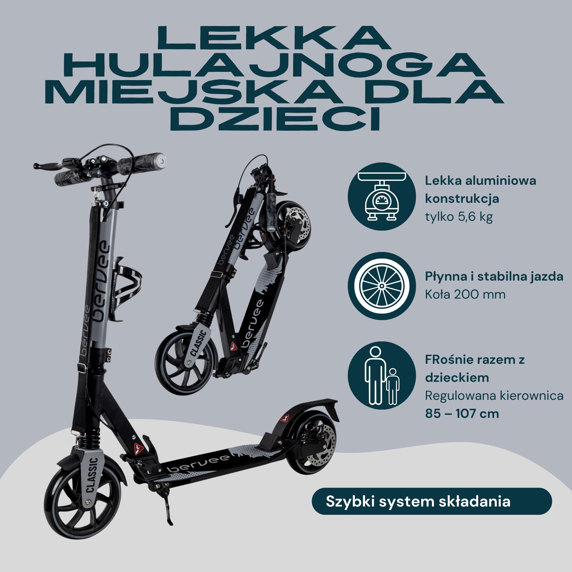 Bergen City Scooter Classic hulajnoga składana – koła 200 mm, hamulec tarczowy i nożny, 2 x zawieszenie, aluminiowa hulajnoga z regulacją wysokości, dla dzieci od 6 lat i dorosłych do 100 kg