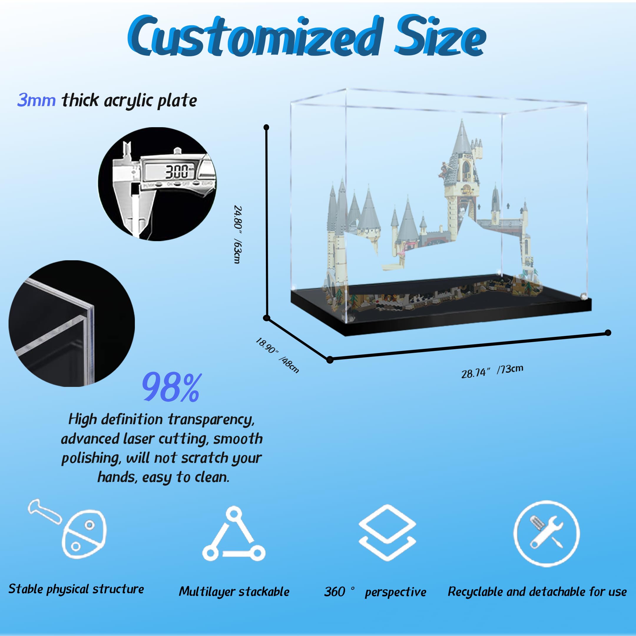 Acryl-Vitrine für Lego 71043 Schloss-Bauset, staubdichte transparente Box, Vitrine – nur Vitrine, Schaukasten kompatibel mit Lego 71043 (3 mm, schwarzer Sockel)