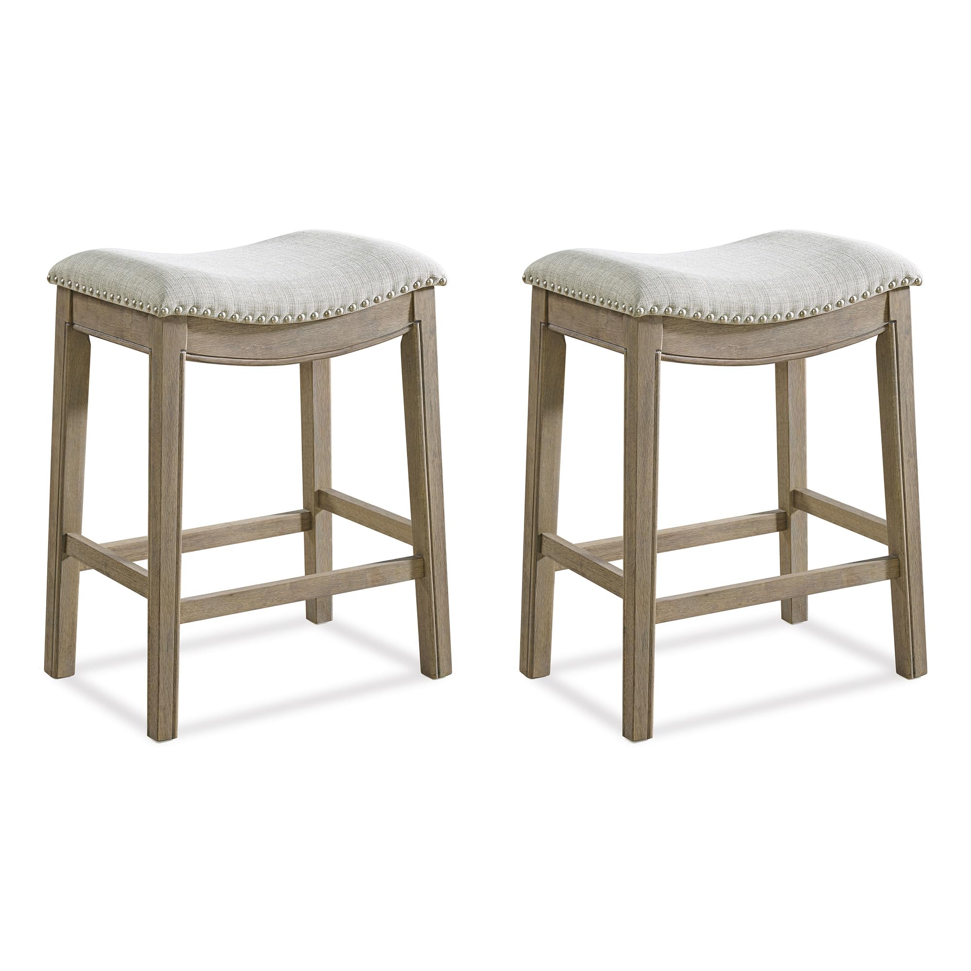 ROME + OAK Set of 2 Parker 26" Counter Stool, Backless Saddle Kitchen Barstool in Reclaimed Oak Finish with Ash Grey Fabric Upholstery Cushion Seat