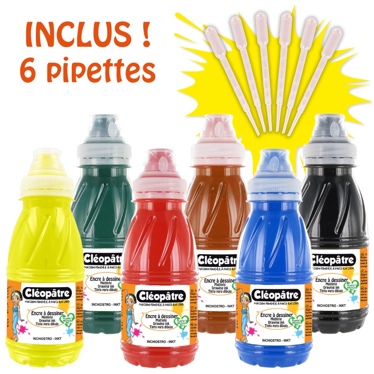 Cleopatre - EAD250x6A - Pack de 6 frascos de tinta de dibujo, 250 ml, colores primarios