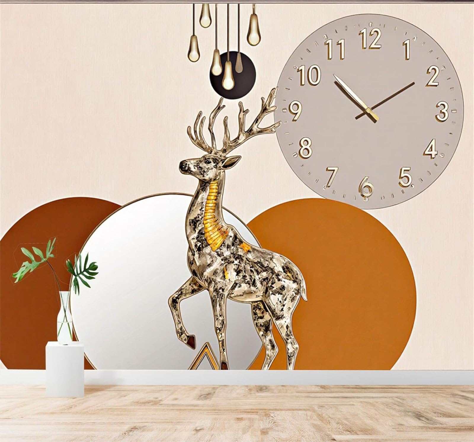 XLMING Clock Geometric Circles Art Golden Deer 3D Wallpaper Silky Texture Home Study Office Grey Dining Room Sofa Bedroom Living Room TV Backdrop-200cm×140cm