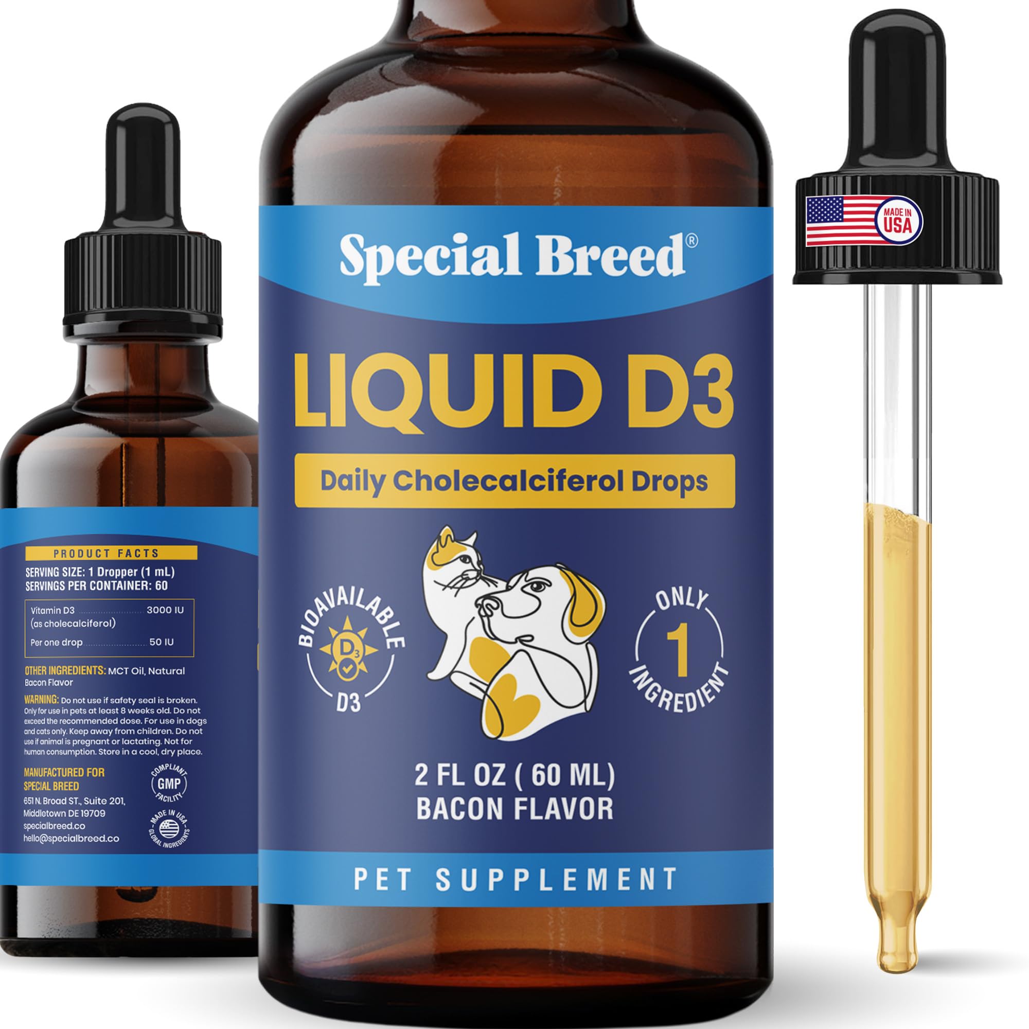 Vitamin D for Dogs and for Cats Liquid Drops - Vitamin D3 Cholecalciferol - Bone Health and Calcium Absorption Support - Immune Support - MCT Oil for Absorption - Easy to Dose - 2 fl oz